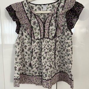 Sweet Pea Floral Ruffled Cap-Sleeve Top - White & Purple